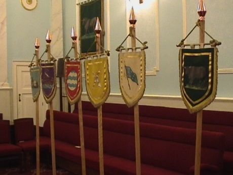 Flags of six of the twelve tribes of Israel in the Royal Arch (4th degree and up) Lodge room at Bristol Freemasons Hall, Park Street